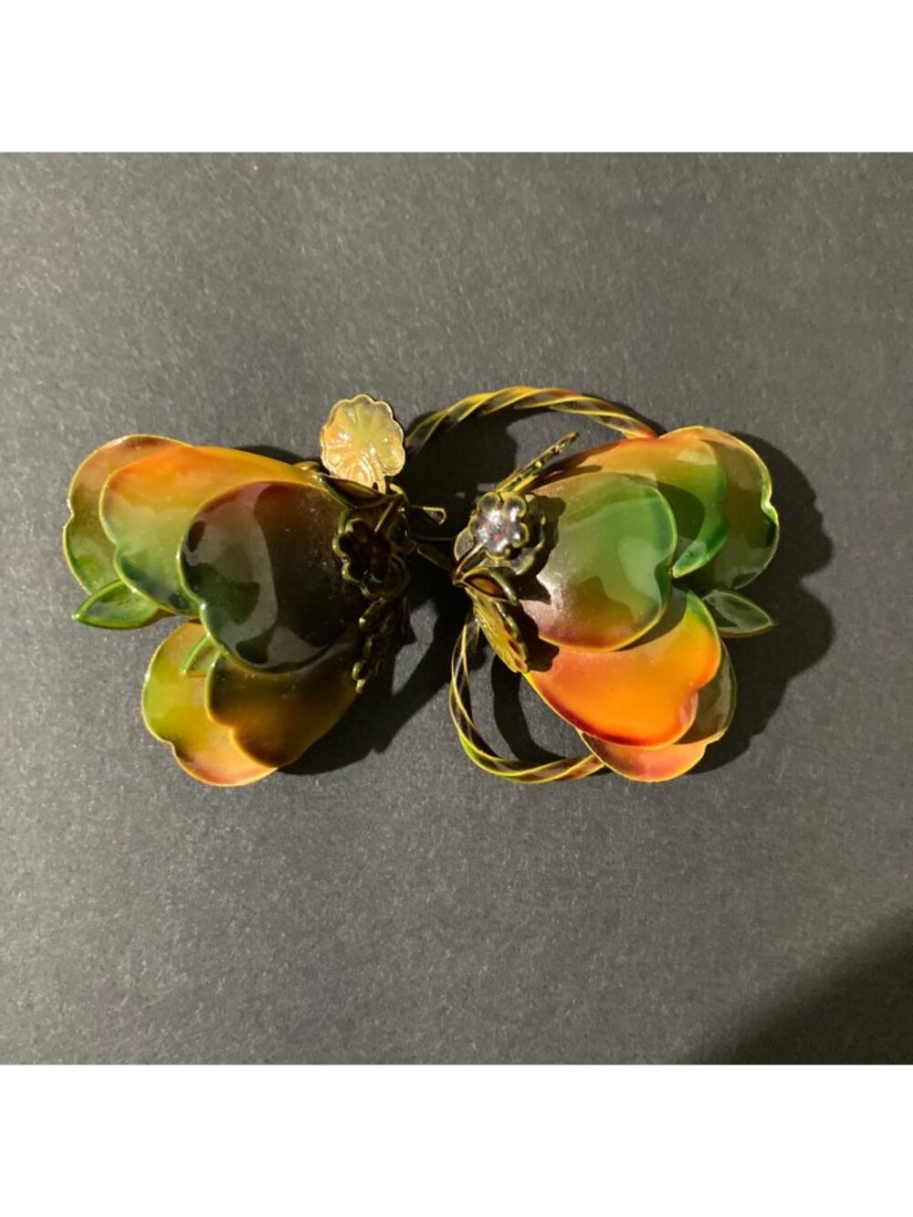 Vintage Enamel Metal Scarf Brooch Green And Orange Floral Design 3"
